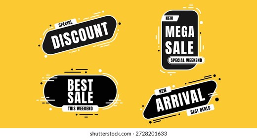 Un fondo amarillo vibrante muestra cuatro distintivas insignias promocionales en blanco y negro, que incluyen Descuento Especial, Mega Venta, Mejor Venta Este Fin de Semana y Nuevas Mejores Ofertas de Llegada para atraer a los compradores.