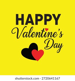 Un fondo amarillo vibrante con el texto 'FELIZ Día de San Valentín' escrito en letras negras. Debajo del texto, se representan dos corazones: uno negro y otro rojo, entrelazados ligeramente. El corazón rojo se coloca ligeramente delante del corazón negro. Esta Imagen es un gráfico simple pero festivo que celebra el Día de San Valentín.