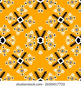 Vibrant yellow background with traditional Thai Mon-style pattern in white and black. Ideal for fashion, packaging, and home decor. Seamless vector format allows for effortless scaling and editing.
