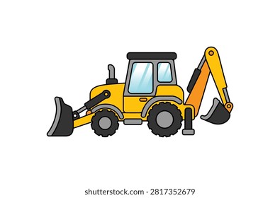 A vibrant yellow backhoe loader, a versatile construction vehicle, is depicted with its front loader and rear excavator arm, ready for digging and moving earth.