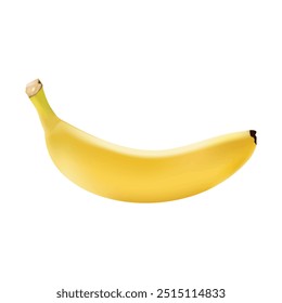 vibrant yellow banana is prominently displayed against a clean, white background. The banana’s smooth, glossy skin showcases a rich, sunny hue with a few subtle brown speckles.