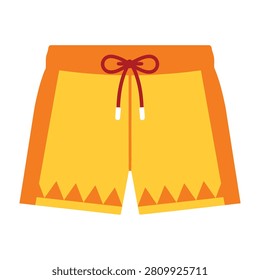 Vibrant yellow beach shorts with orange trim and a red drawstring on a white background