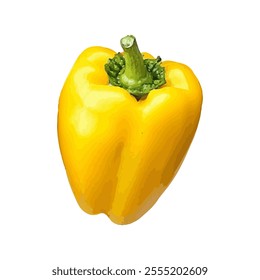 A vibrant yellow bell pepper, showcasing its glossy skin and green stem.