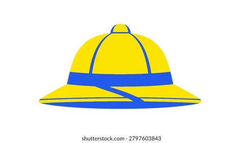 A vibrant yellow and blue cartoon style pith helmet or safari hat isolated on a white background