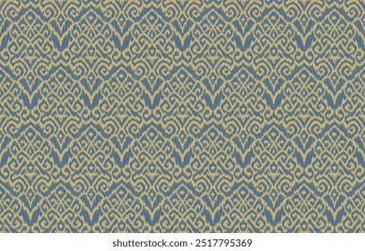 A vibrant yellow and blue Ikat pattern with intricate, flowing shapes. The repeating symmetrical design is bold and dynamic, evoking a traditional textile style with modern appeal.
