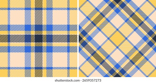 Lebendige gelb-blaue karierte Muster. Zwei nahtlose Textildesigns ein Klassiker, eine Diagonale. Perfekt für Mode, Wohnkultur oder Website-Hintergründe.