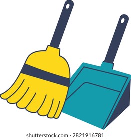 A vibrant yellow broom with a dark handle is paired with a teal dustpan, essential tools for maintaining a clean home environment.