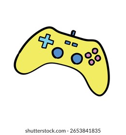 Ein lebendiger gelber Cartoon-Gamecontroller mit farbigen Tasten.