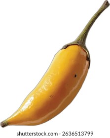 A vibrant yellow chili pepper with a slender, dark green stem is captured in a detailed, painterly style, its curved form dominating the frame against a stark white backdrop.