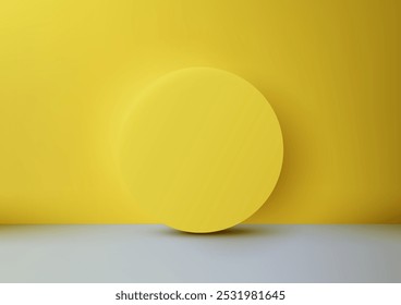 Vibrant yellow circle casts a soft shadow on a gray floor against a bold yellow wall. Perfect for minimalist product displays, mockups, and modern design showcases