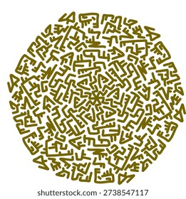 Vibrant yellow circular abstract pattern featuring hand-drawn tribal glyphs and symbols reminiscent of ancient inka stone carvings.