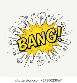 A vibrant yellow comic book speech bubble featuring the word BANG with smoke and debris particles in a dynamic action style