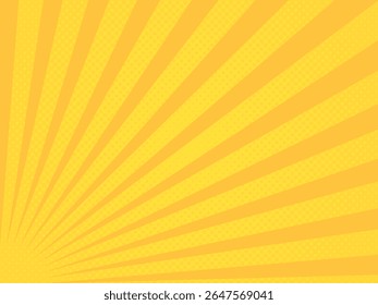 Vibrant yellow comic-style sunburst background featuring dynamic radial lines and subtle halftone dots. Perfect for pop art, retro designs, advertisements, kids' themes, or upbeat visual content.