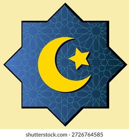 A vibrant yellow crescent moon and star symbol centered on a blue octagonal shape with a detailed Islamic geometric pattern, set against a light background. This emblem represents religious and cultural significance.
