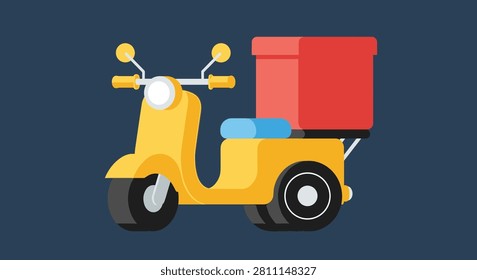 Vibrant yellow delivery motor tricycle featuring a large red parcel box is shown against a dark blue background in a flat style.