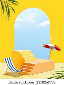 Vibrant yellow display staircase surrounded by beach chair, and parasol tropical. Arch door overlooks sunny blue sky in the back.