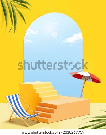 Vibrant yellow display staircase surrounded by beach chair, and parasol tropical. Arch door overlooks sunny blue sky in the back.