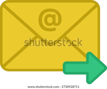 A vibrant yellow email envelope featuring an at symbol, accompanied by a bright green arrow pointing right, symbolizing sending or forwarding a message.