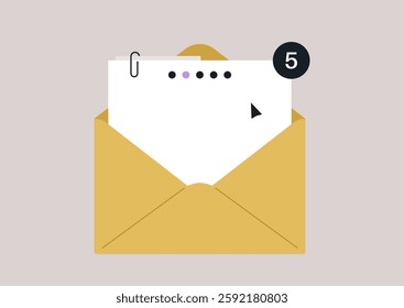 A vibrant yellow envelope holds several pieces of mail, hinting at communication and connection, The envelope is sealed, suggesting awaiting messages and correspondence