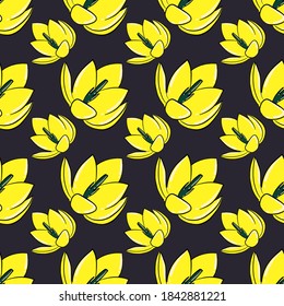 Vibrant yellow flower ,seamless pattern on dark purple background.