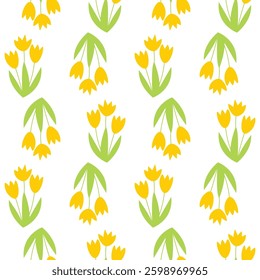 Vibrant yellow flowers arranged in a repeating pattern on a white background showcasing a fresh and modern design.