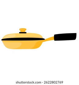 A vibrant yellow frying pan with a black handle and lid, isolated on a white background.