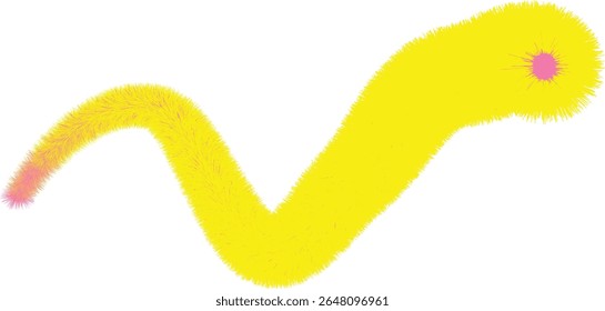 A vibrant yellow, furry, abstract shape resembling a stylized letter V or a curving worm, features a small pink highlight near its end.