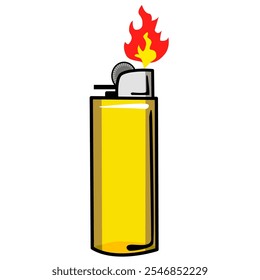 Vibrant yellow gas cigarette lighter stands upright with fire. cartoon