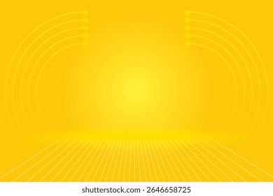 A vibrant yellow gradient background features a perspective grid of white lines at the bottom and glowing yellow arcs on the sides, suggesting a futuristic or energetic digital space.