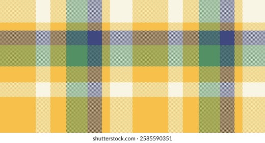Vibrant yellow, green, and blue plaid pattern.  Perfect for textile design, fashion, website backgrounds, and branding projects.  This seamless texture offers a cheerful and modern aesthetic.