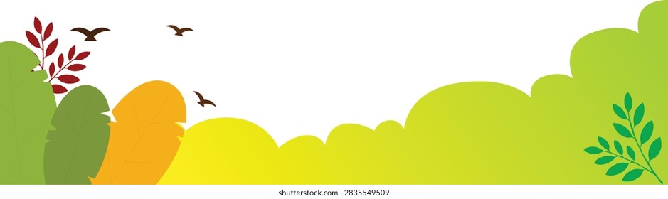 Vibrant yellow and green foliage composition. Red tropical leaves with bird shapes. Artistic seasonal landscape for autumn marketing materials.
