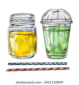 Vibrant yellow and green smoothies in a mason jar and cup with lids, complete with patterned straws, in a vector illustration ideal for health and nutrition themes.