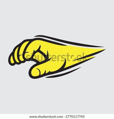 A vibrant yellow hand in a grasping or reaching gesture, accentuated with black outlines and dynamic speed lines, conveying motion and energy.