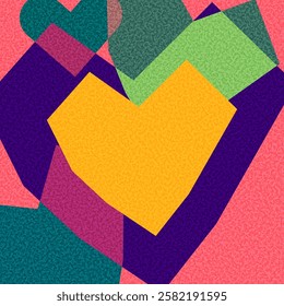 A vibrant yellow heart surrounded by colorful overlapping shapes on a textured pink background. Vector illustration.