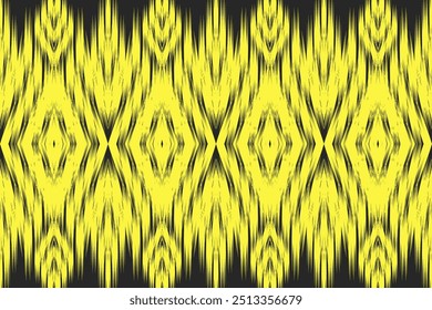 Vibrant Yellow Ikat on Black: Bold Seamless Geometric Pattern for Trendy Interiors and Statement Fashion