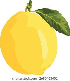 Um limão amarelo vibrante com uma folha verde e caule é retratado em um fundo branco.