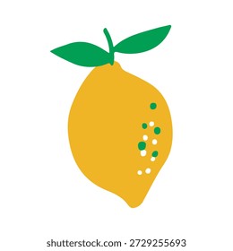 Limão amarelo vibrante com duas folhas verdes e textura salpicada. Ilustração simples e limpa de citrinos em branco.
