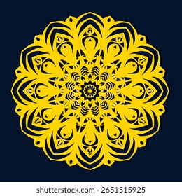 A vibrant yellow mandala pattern with intricate, symmetrical designs against a deep navy blue background. The design features floral and geometric elements, creating a sense of harmony and elegance.