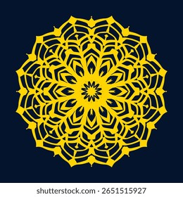 A vibrant yellow mandala pattern with intricate, symmetrical designs against a deep navy blue background. The design features floral and geometric elements, creating a sense of harmony and elegance.