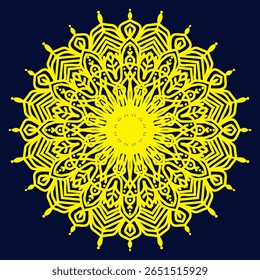 A vibrant yellow mandala pattern with intricate, symmetrical designs against a deep navy blue background. The design features floral and geometric elements, creating a sense of harmony and elegance.