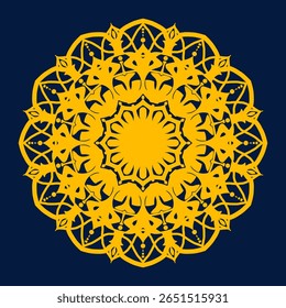 A vibrant yellow mandala pattern with intricate, symmetrical designs against a deep navy blue background. The design features floral and geometric elements, creating a sense of harmony and elegance.