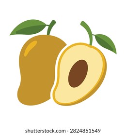 A vibrant yellow mango fruit displayed as a whole piece and a sliced half with a visible seed and green leaves. Perfect for healthy food concepts and summer menus.