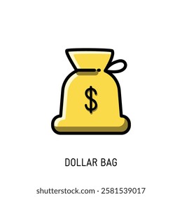 A vibrant yellow money bag icon perfect for finance websites or apps. Use this vector illustration to represent wealth or financial success.