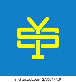 A vibrant yellow monogram logo, intricately designed with intertwined letters, stands out against a solid blue background, creating a bold and modern visual identity.