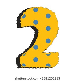 Vibrant yellow number two with blue polka dots and jagged black edges, isolated on transparent background. Playful design ideal for posters, kids' designs, and educational materials. Vector.