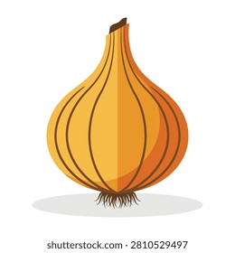 Vibrant yellow onion bulb with brown stem and roots on white background closeup