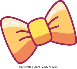 A vibrant yellow and orange bow tie is prominently featured with a shiny appearance. It stands out against a plain white background making it perfect for fashion accessories or costume themes.