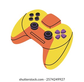 Vibrant yellow and orange game controller with purple buttons, featuring a creative minimalist design on a white background. Concept of gaming and technology. Vector illustration