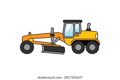 A vibrant yellow and orange motor grader, a heavy construction vehicle, is depicted in a clean, isolated view, ready for road work.