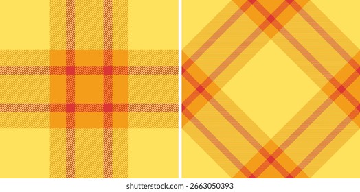 Patrones de cuadros amarillos y naranjas vibrantes, perfectos para el diseño textil, fondos de Sitio web o embalaje.  Estas texturas alegres y sin costuras evocan sentimientos de calor y verano.